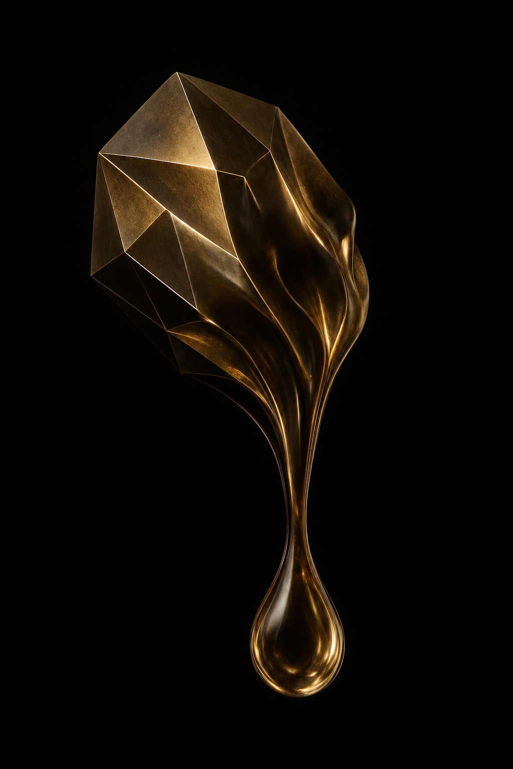 Abstract sculpture of liquid bronze transforming from an angular crystal into a smooth droplet, symbolising structured organisational transformation